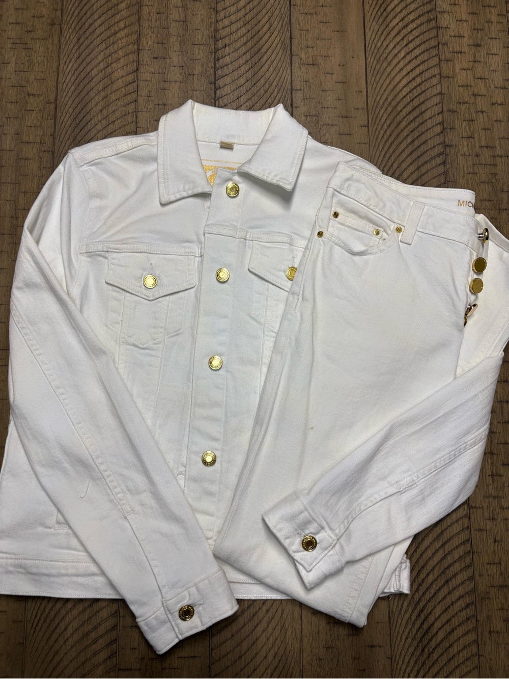 Michael Kors White Denim Jacket & Pants with Gold-Tone Buttons